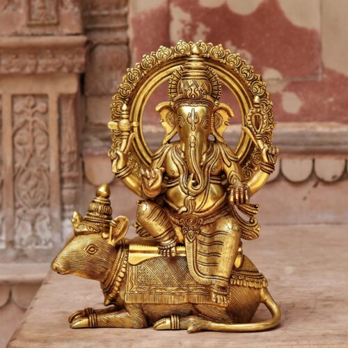 Sitting Brass Ganesha Statue on Mushak