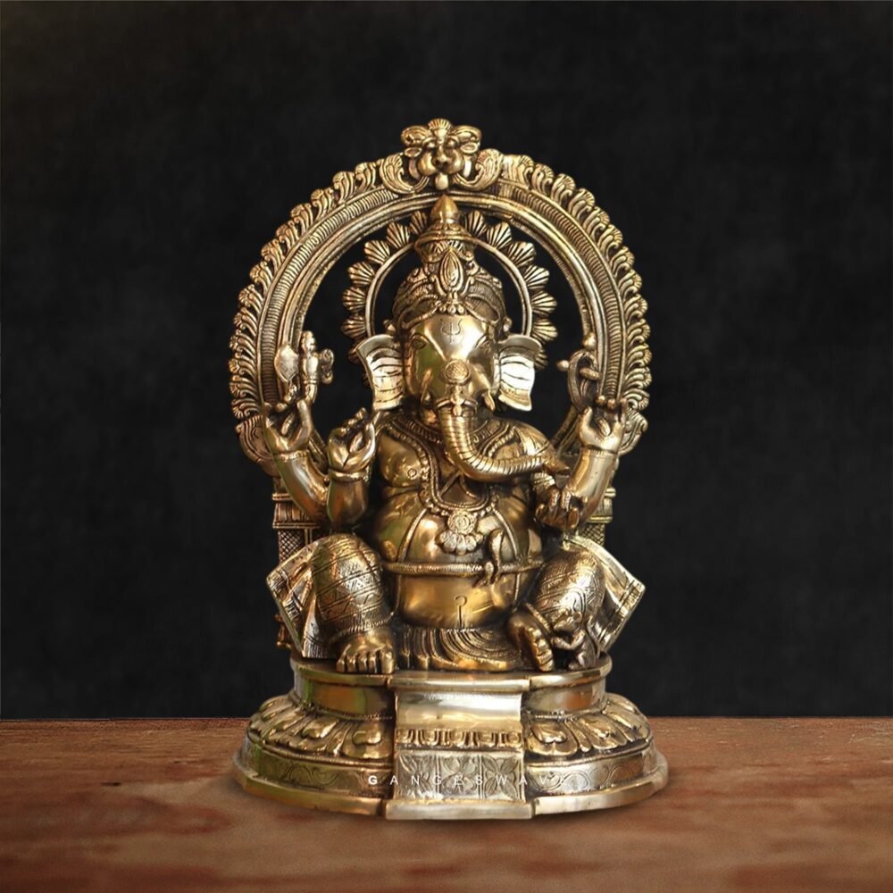 GOLDEN BRASS GANESH STATUE SITTING ON SINHASAN