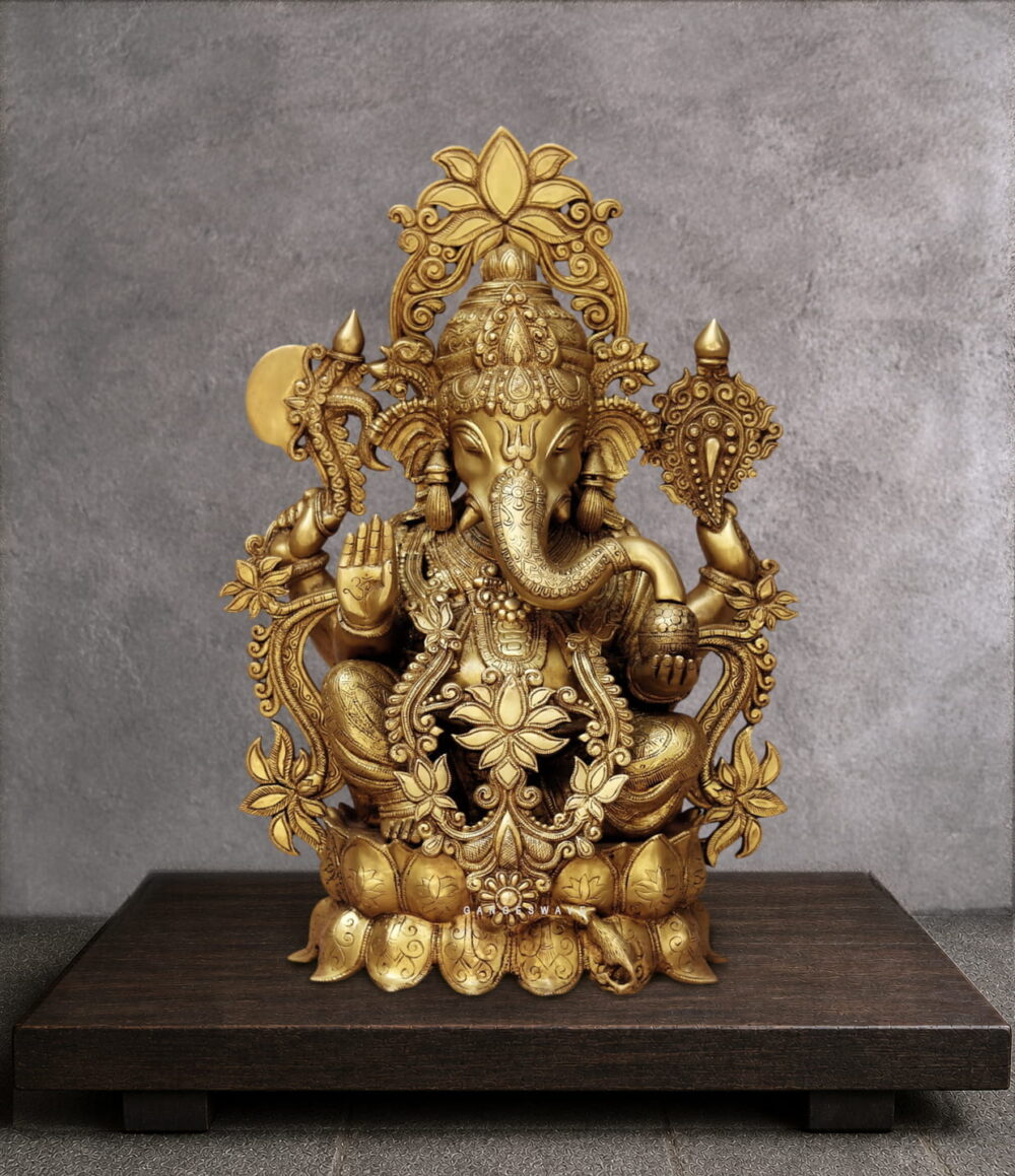 GOLDEN BRASS GANESH SITTING ON LOTUS