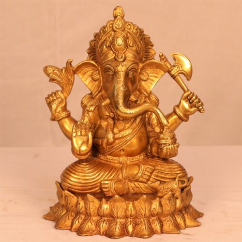 GOLDEN GANESH BRASS STATUE SITTING ON lORUA SINHANSAN