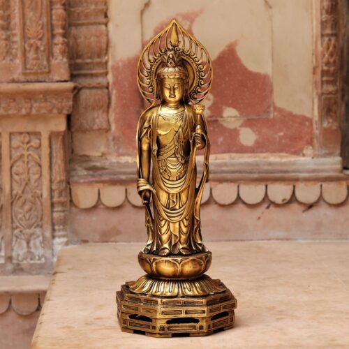 GOLDEN STANDING BUDDHA BRASS STATUE ON LOTUS BASE