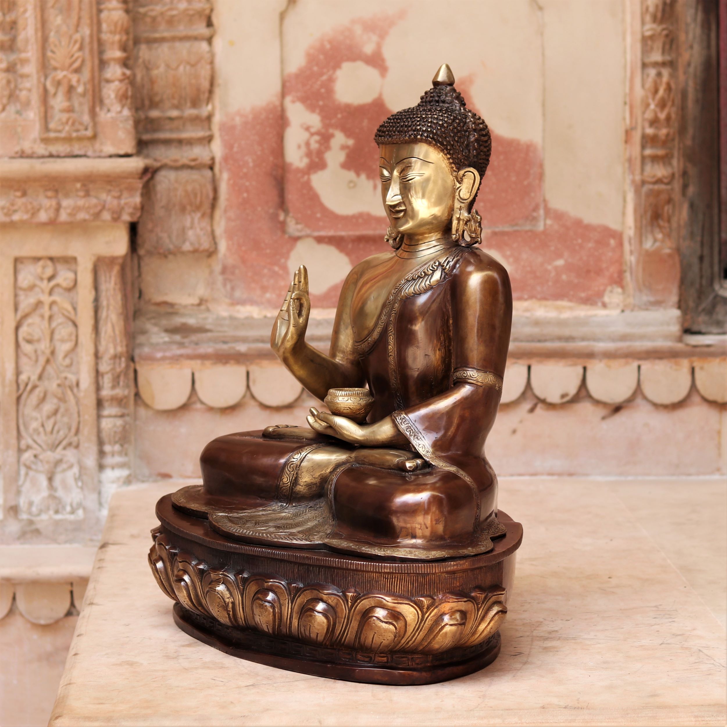 COPPER BROWN BLESSING BUDDHA BRASS CARVING STATUE - 22 inches - Image 2