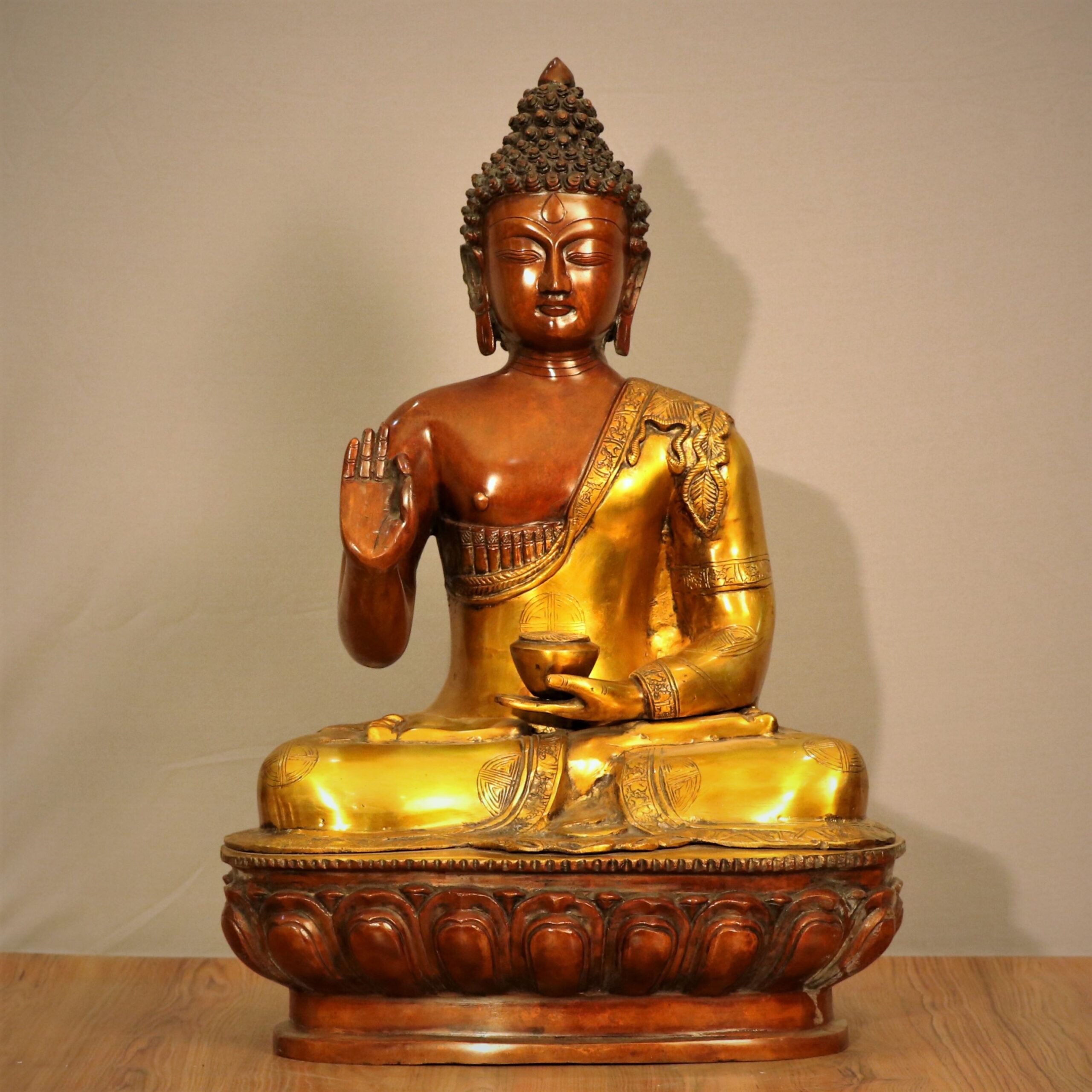 PROTECTIVE GOLDEN BRASS BUDDHA STATUE- 22 inches