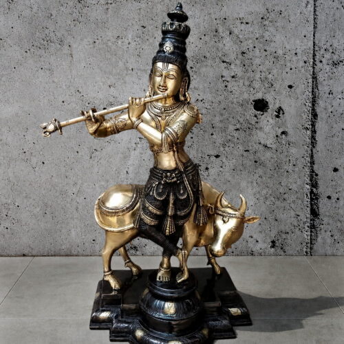 KRISHNA WITH COW BRASS STATUE - 26.5 inches
