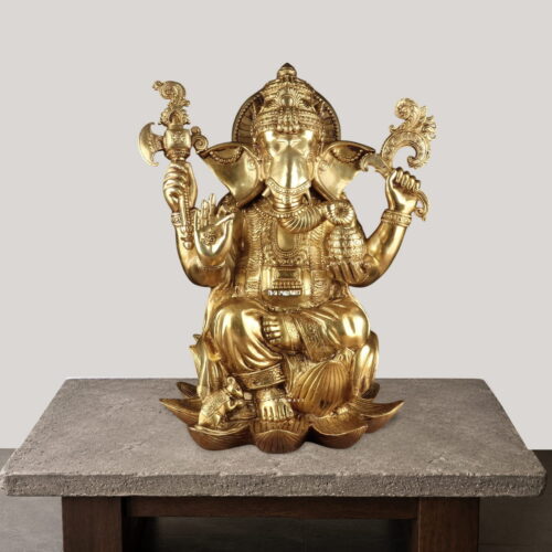 GANGESWAVE BRASS GANESH STATUE SITTING ON LOTUS BASE