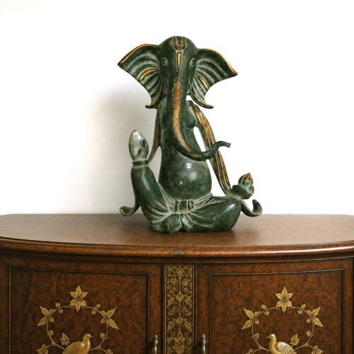 Green Brass Lord Ganesha Statue on Vintage Wooden Console Table | Handmade Indian Home Decor Sculpture