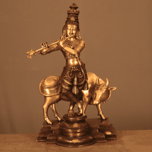 KRISHNA WITH COW BRASS STATUE