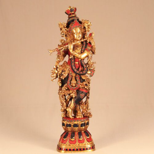 MEENAKARI AND STONE WORK BRASS KRISHNA STATUE