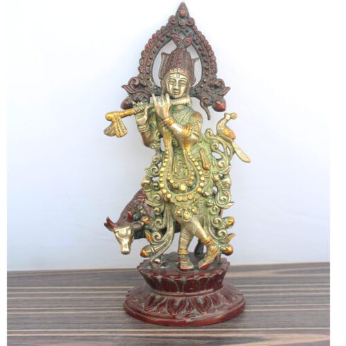 VINTAGE FINISH ARTISTIC BRASS KRISHNA STATUE