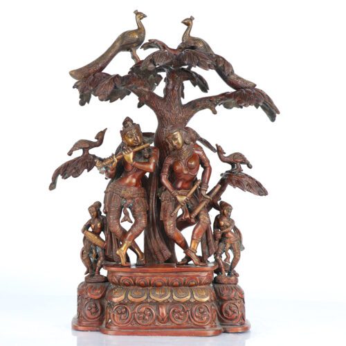 VRINDABAN BRASS KRISHNA STATUE WITH PEACOCKS AND SAKHIS