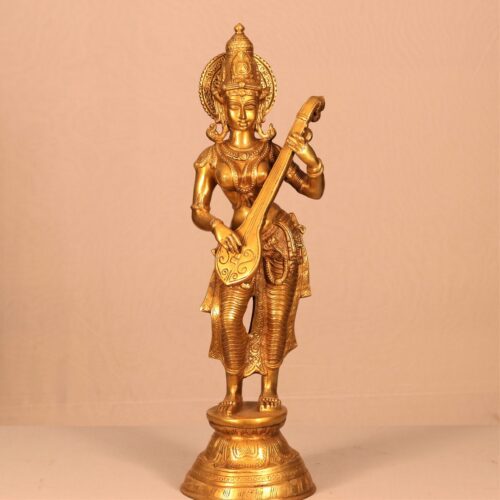 GOLDEN STANDING MAA SARASWATI BRASS STATUE