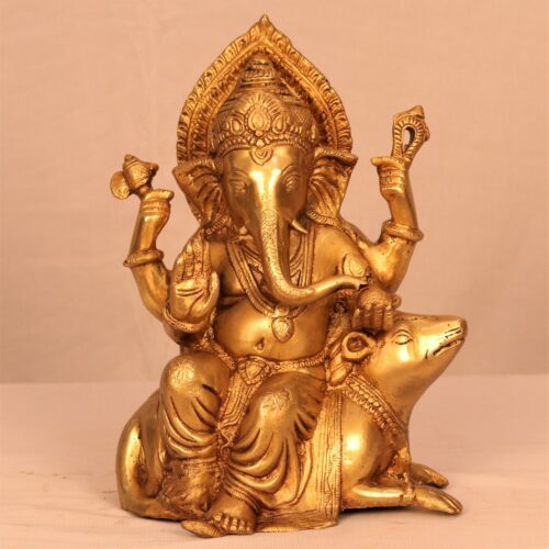 GOLDEN SITTING BRASS GANESHA WITH MUSAK