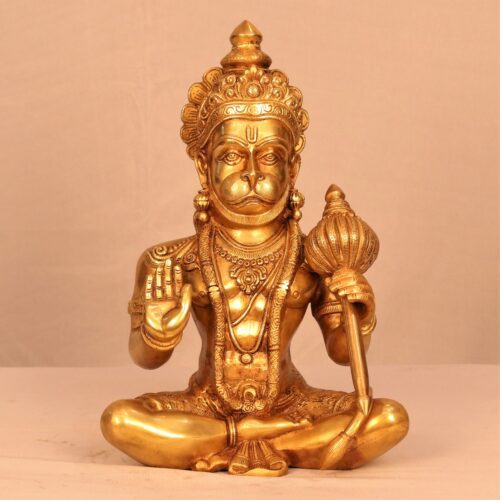 SITTING HANUMAN BRASS STATUE WITH GADDA