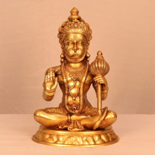 SITTING HANUMAN BRASS STATUE WITH GADDA