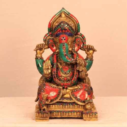 MOSAIC CRAFTED STONE BEADED GANESHA BRASS STATUE