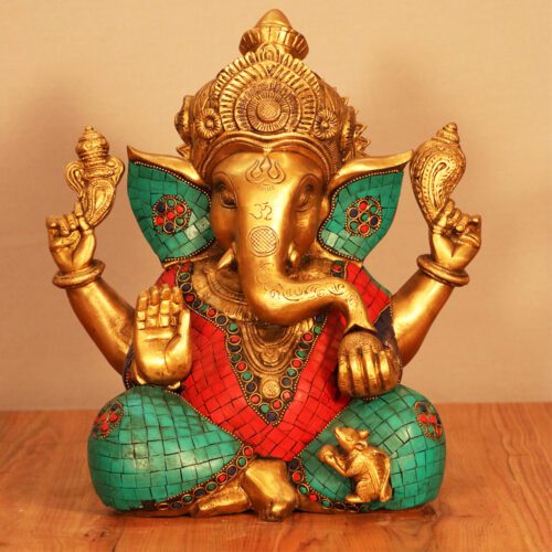 MULTI-COLOURED BRASS MOSAIC GANESH STATUE