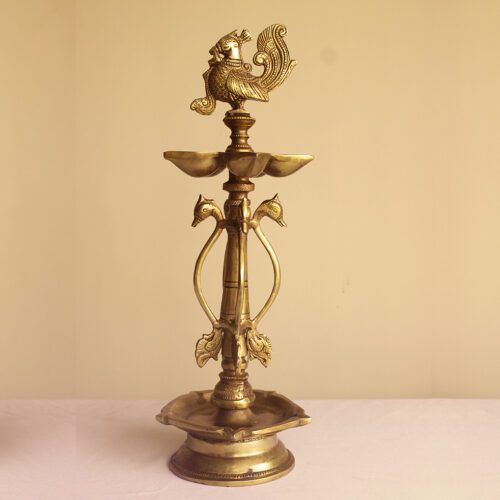 LONG BRASS DIYA PEACOCK WITH TWO DIYA PLACEHOLDER