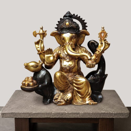 Golden ganesha sitting on black mushak - 21 inches