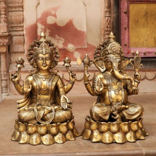 Golden Ganesh Laxmi Brass Statue