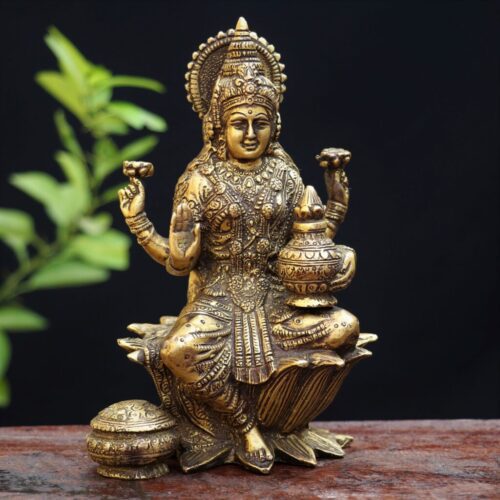 GOLDEN LAKSMI BRASS STATUE SITTING ON LOTUS