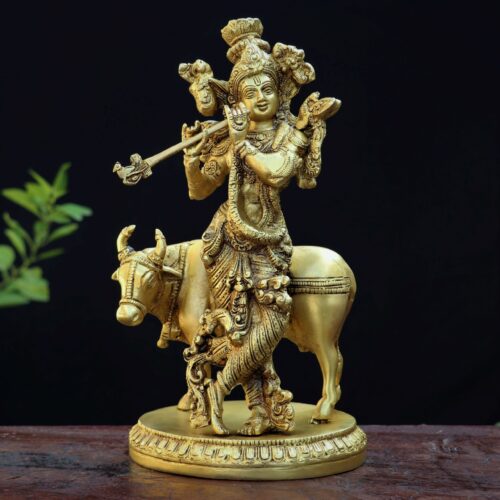 Golden Brass Krishna with cow