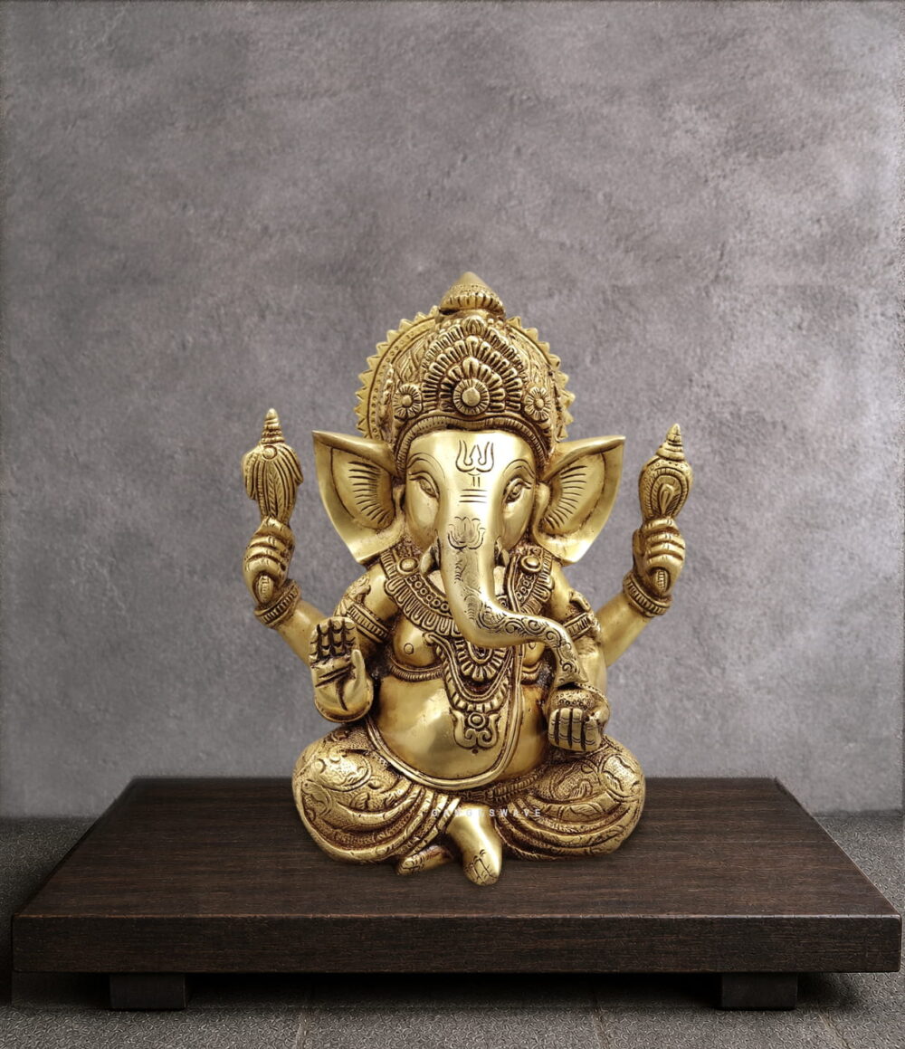 Golden Brass Sitting Ganesha - 9 inches