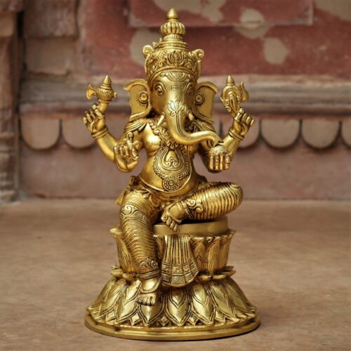 Golden Brass Ganapati Statue sitting in lotus