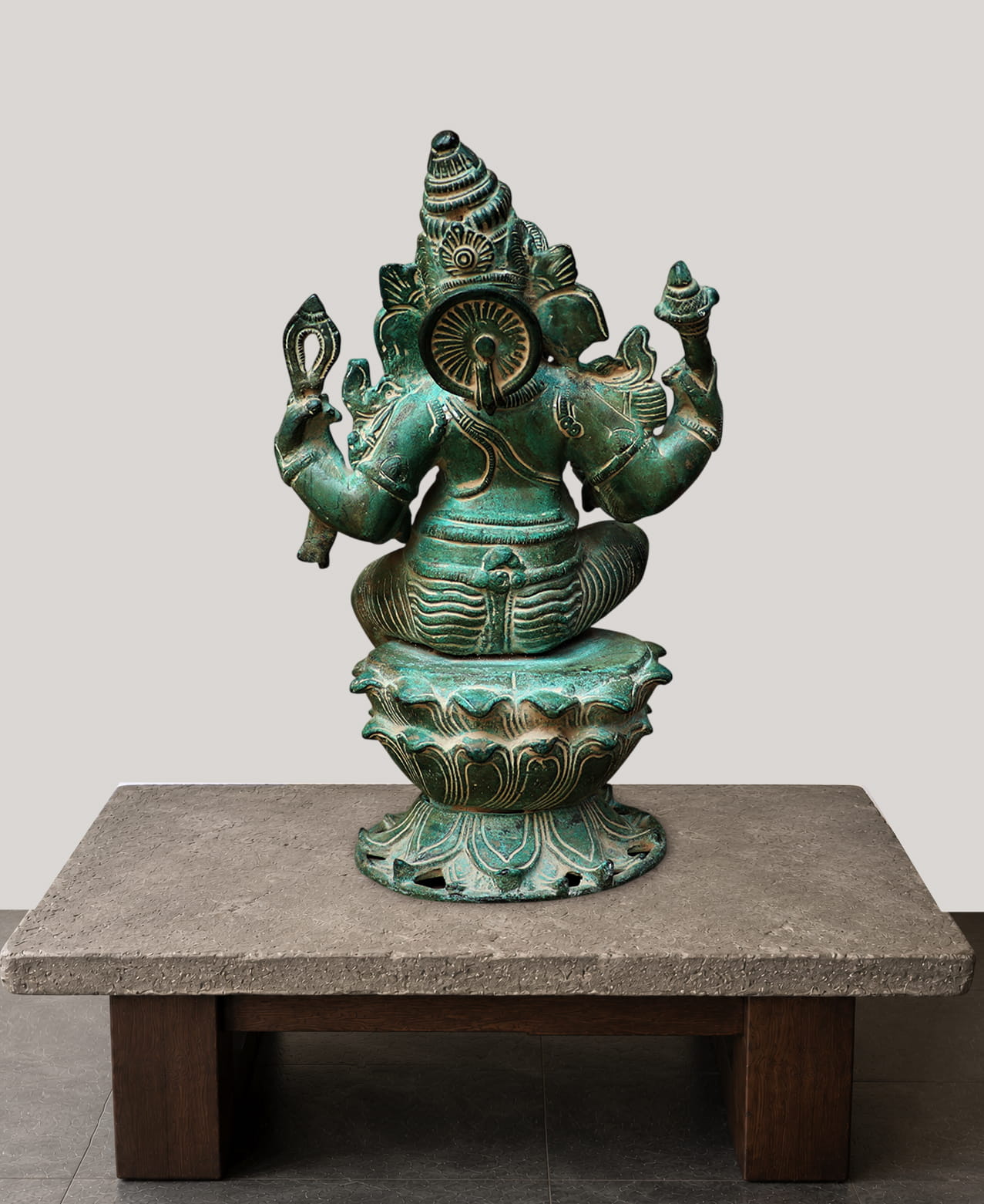 Vintage green finish brass ganesh statue - 12 inches - Image 2
