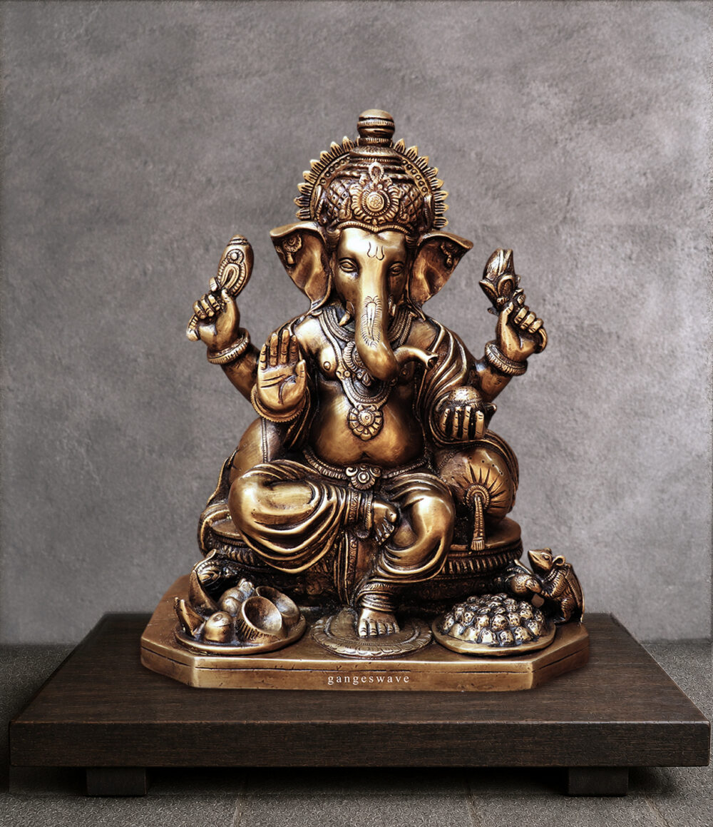 Copper Brown Sitting Brass Ganesha Statue- 13 inches