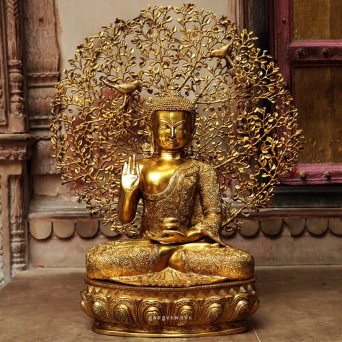 GOLDEN BRASS BUDDHA WITH TREE
