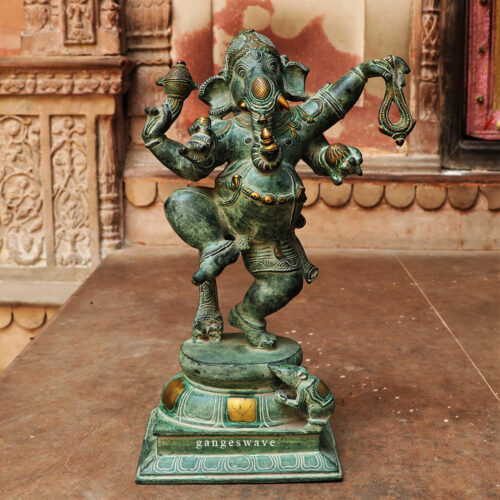 Standing Nritya Ganesh Statue in Antique Green