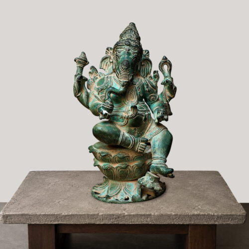 Vintage green finish brass ganesh statue - 12 inches