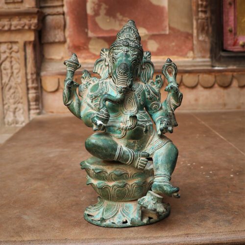Vintage green finish brass ganesh statue