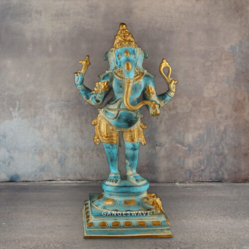 Standing Blue Colour Brass Ganesha Statue