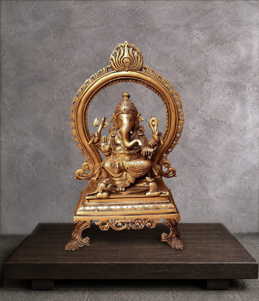 13 inch Ganesh Brass Statue in Singhasan