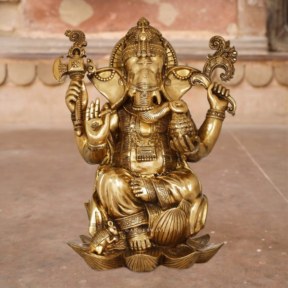 Large Ganesha Brass Statue Sitting on a lotus
