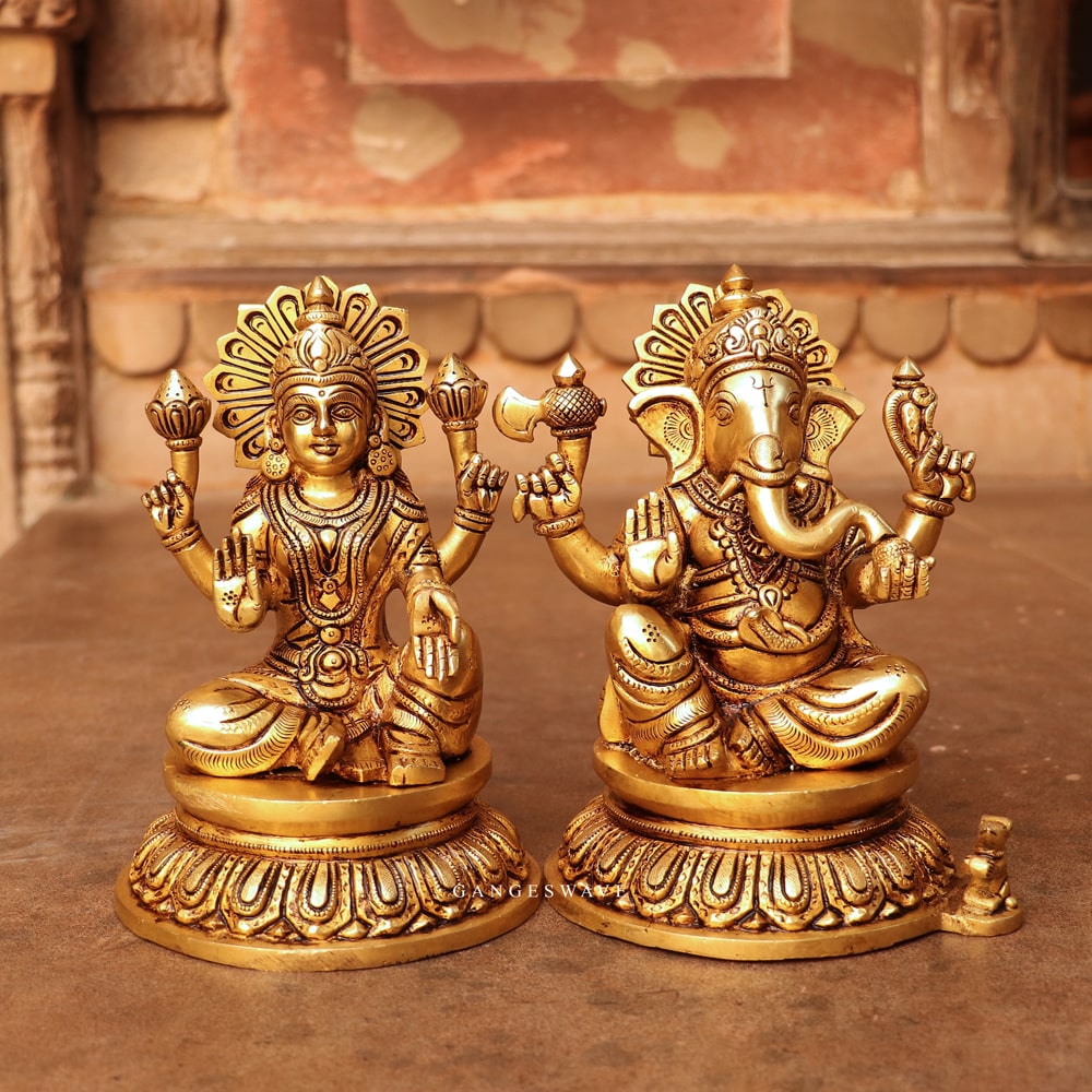 8" small Lakshmi ganesh brass statue
