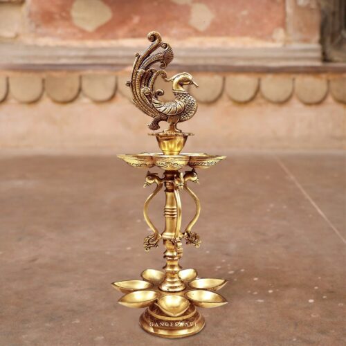 20" Twelve-Wick Peacock Brass Diya ( Nilavilakku)
