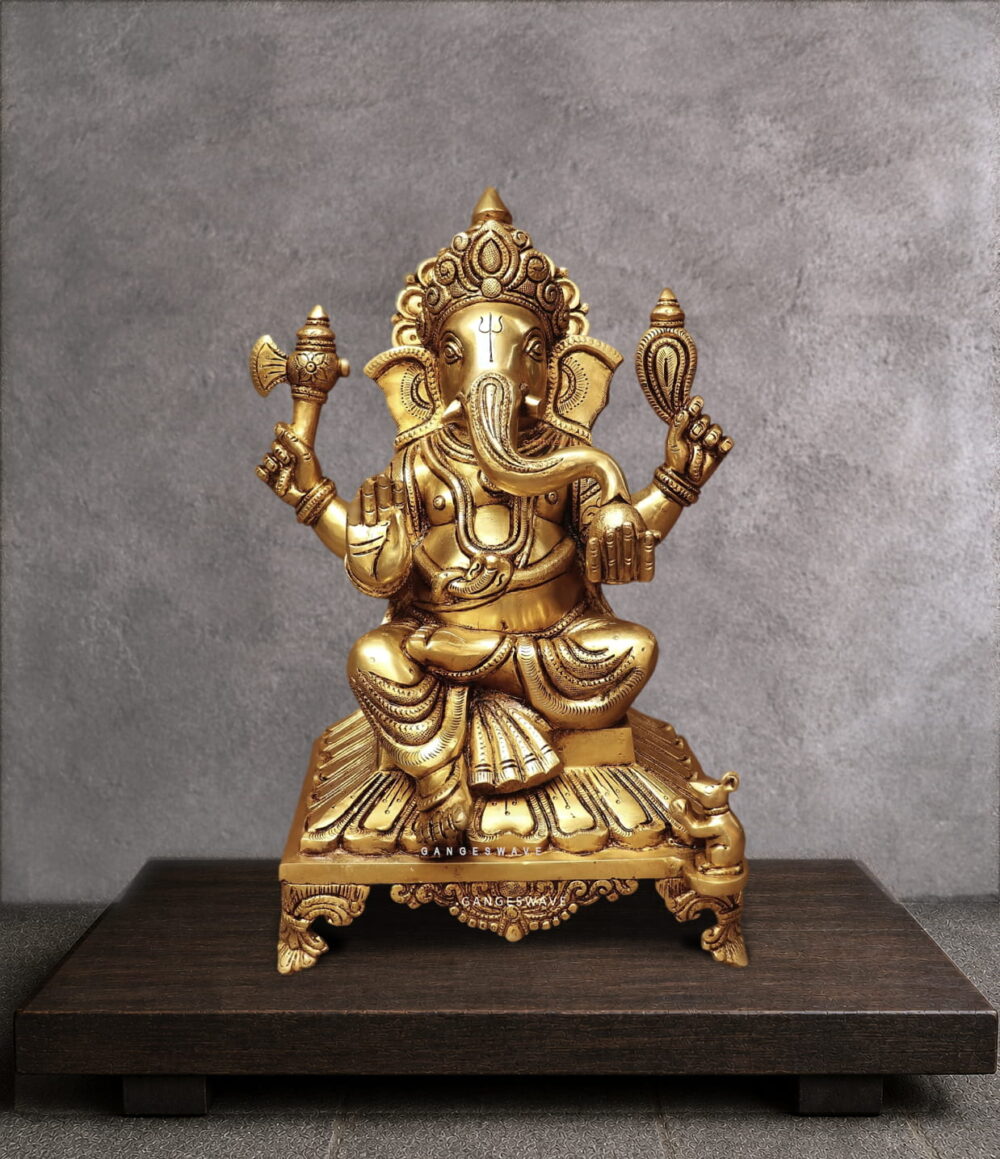 Brass Superfine Ganesh Statue on Pedestal - 13 inches