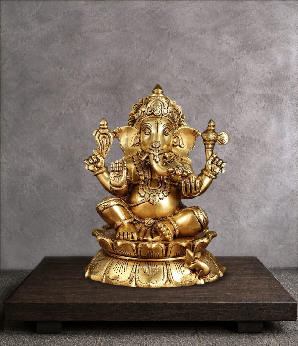 Brass Superfine Ganesh Statue Sitting on Lotus - 9.5"