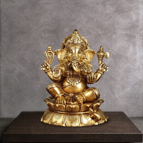 Brass Superfine Ganesh Statue Sitting on Lotus - 9.5"