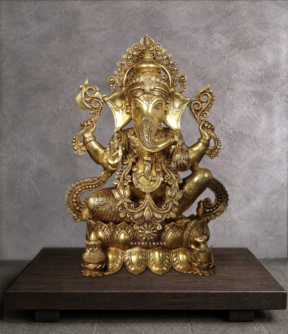Ganesh Brass Murti Sitting on Lotus - 21 inches