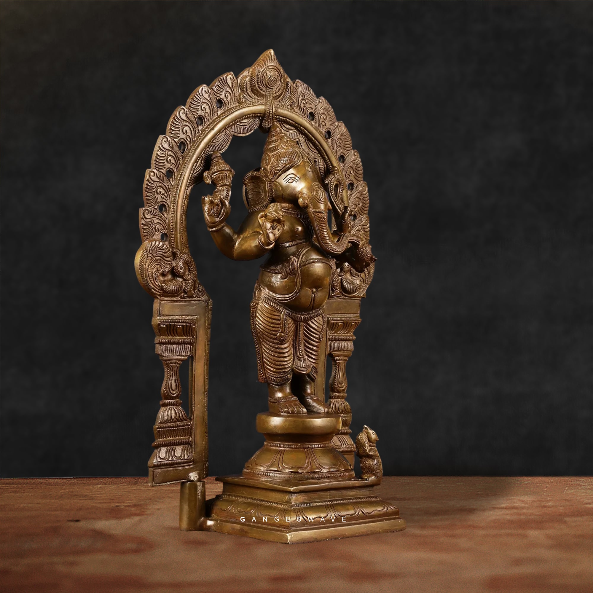 Artistic Vintage Finished Brass Ganesha Murti with Prabhavali - 14 inches - Image 3