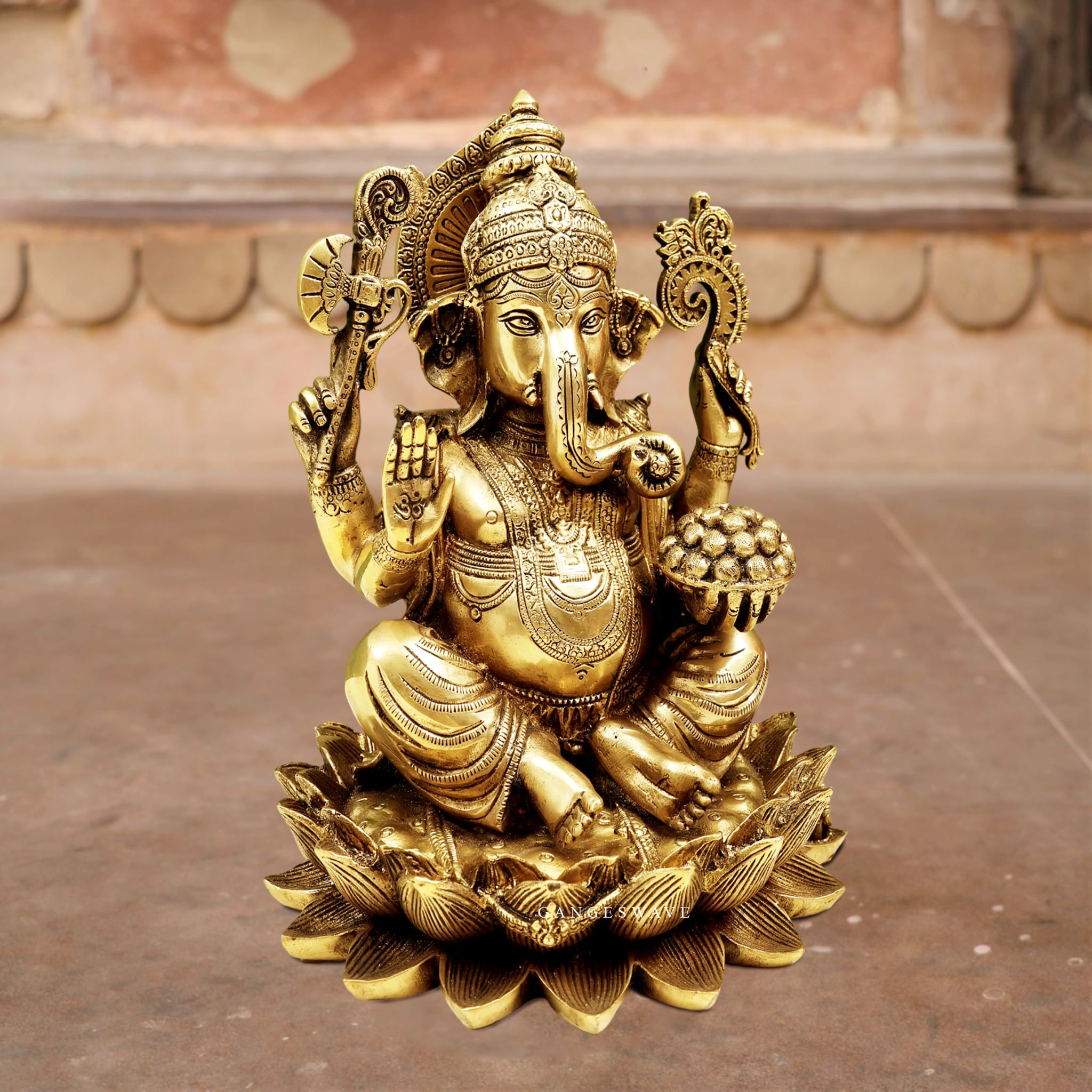 Superfine Brass Ganesh Statue Sitting on Lotus - 11 inches - Image 4
