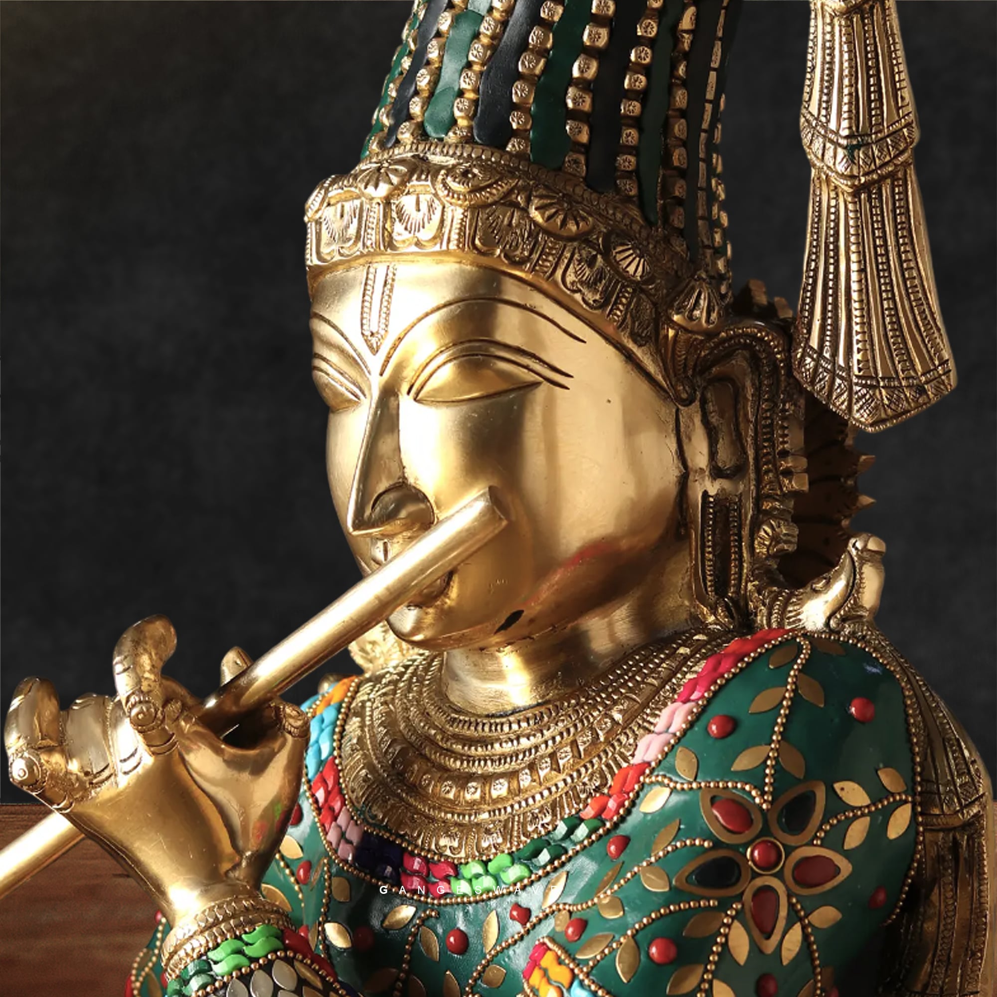 Krishna Brass Chola Sculpted Statue with colourful stonework - 36 inches - Image 2