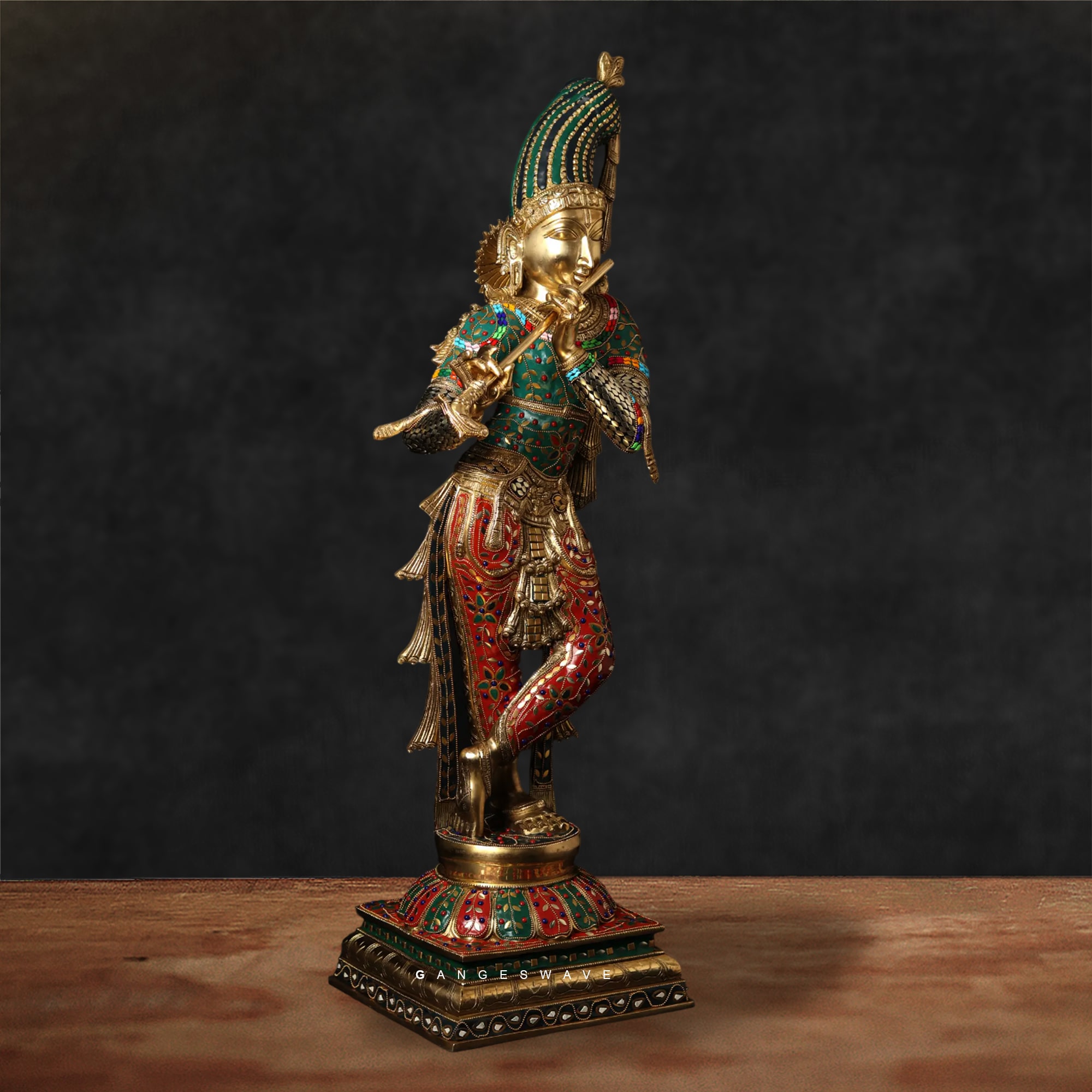 Krishna Brass Chola Sculpted Statue with colourful stonework - 36 inches - Image 3