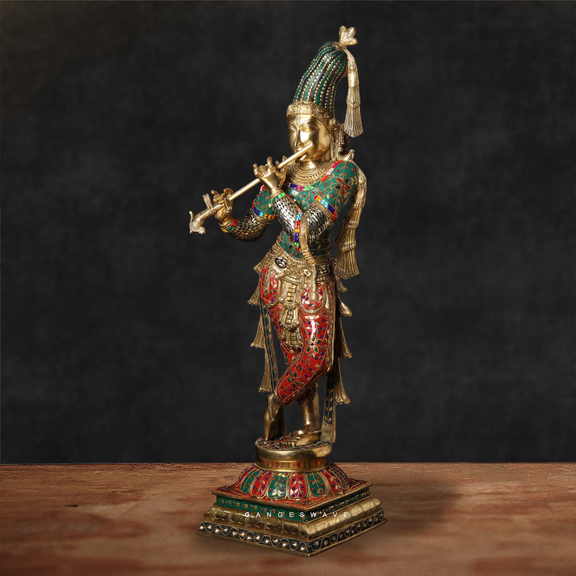 Krishna Brass Chola Sculpted Statue with colourful stonework - 36 inches - Image 5