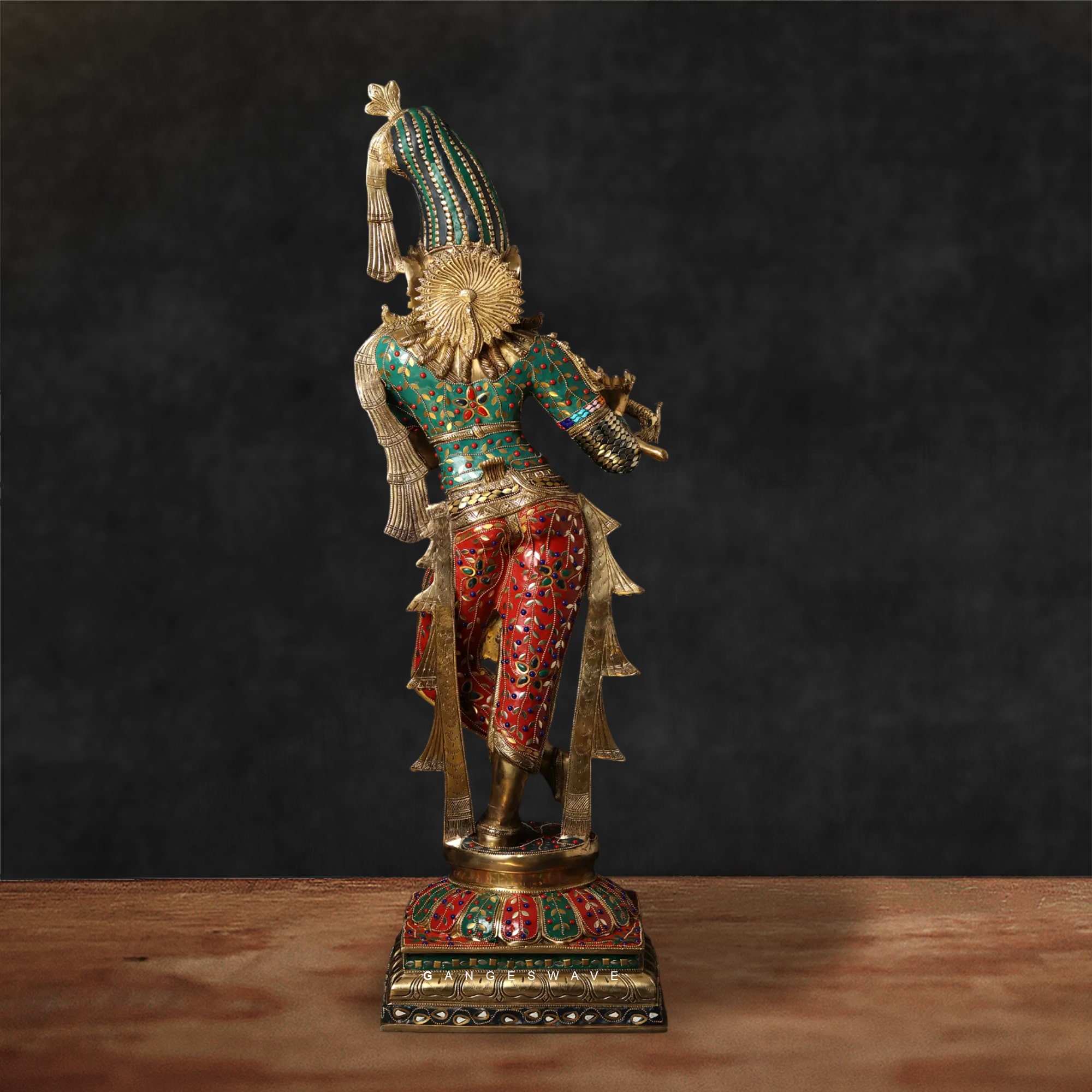 Krishna Brass Chola Sculpted Statue with colourful stonework - 36 inches - Image 4