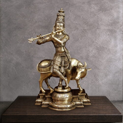 Krishna Brass Murti with Cow - 26 inches