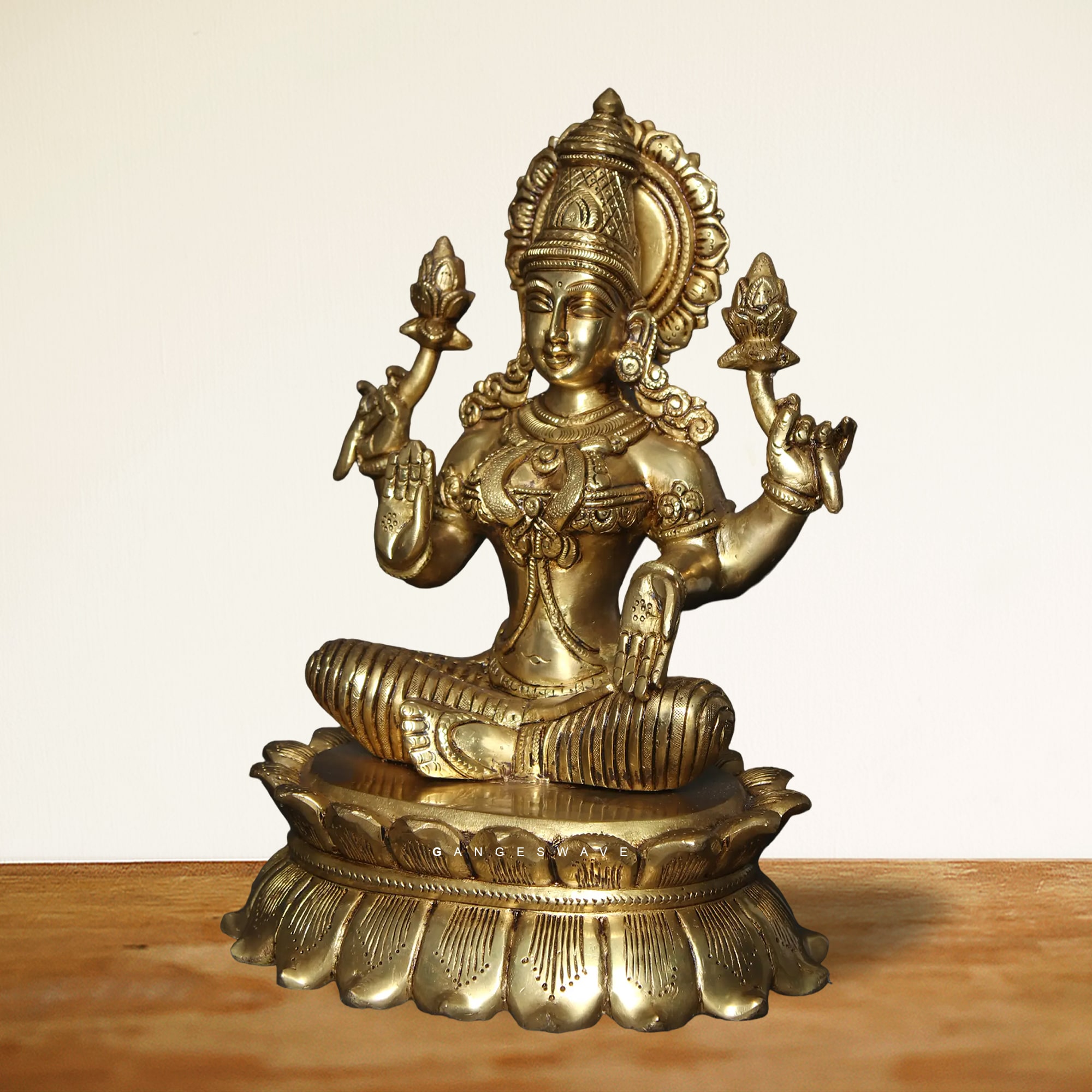 11" Handcrafted Brass Golden Sitting Devi Lakshmi Statue - Image 2